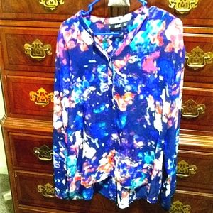 a.n.a Blue Multi-Color Watercolor Print Long Sleeve Top